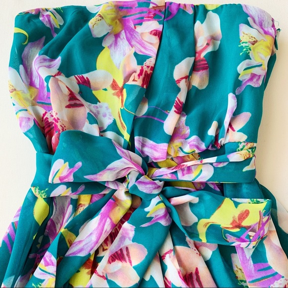 Teal Floral Print Belted Dress - Express Size 0 - Picture 3 of 4